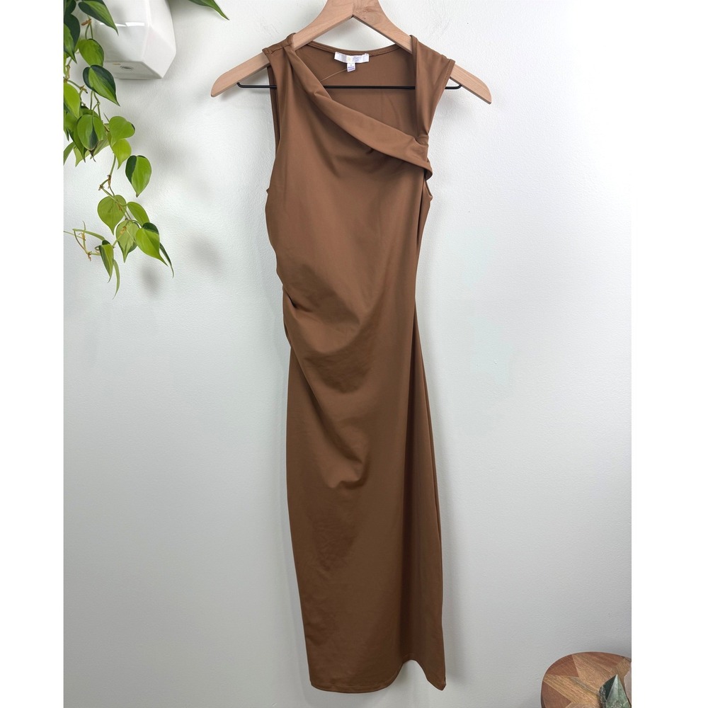 IRIS Womens Brown Asymmetric Twist Neck Ruched Bodycon Midi Dress S Minimalist